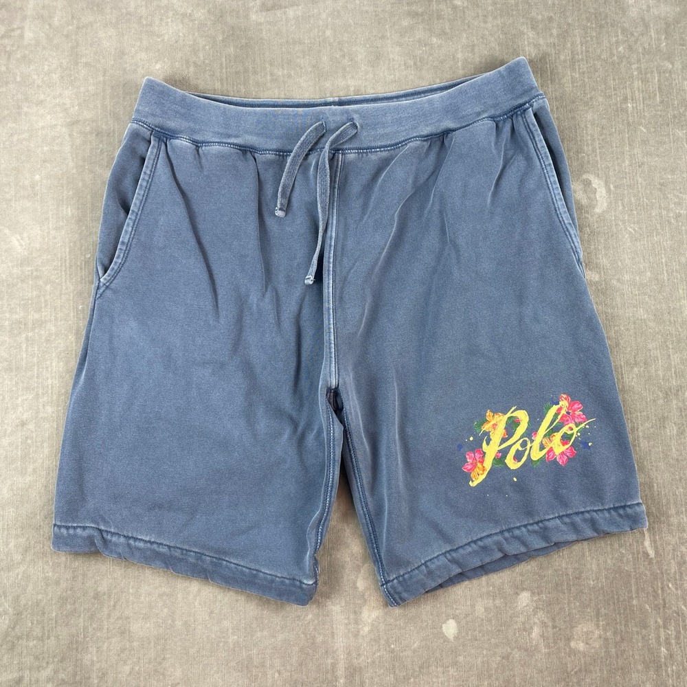 Polo Ralph Lauren Mens M Blue Sweat Shorts Tropical Floral Graphic Fleece